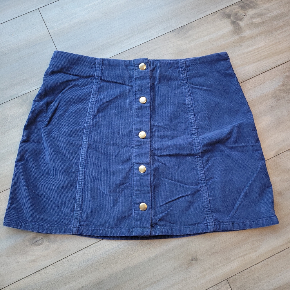 Women's Blue Button-Front Skirt Corduroy Boho Cottagecore Style